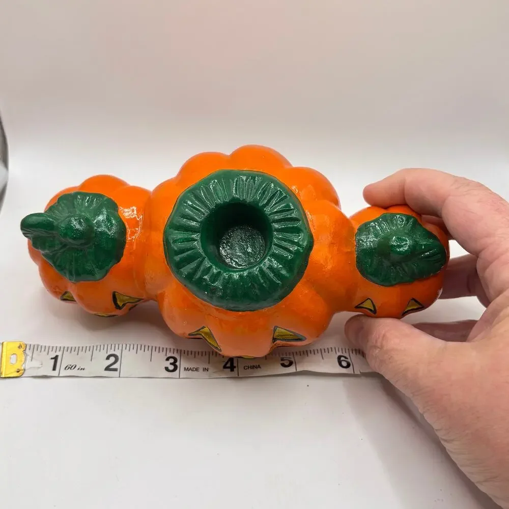 Vintage 90s Halloween Orange Jack-o-Lantern Ceramic Pumpkin Taper Candle Holder